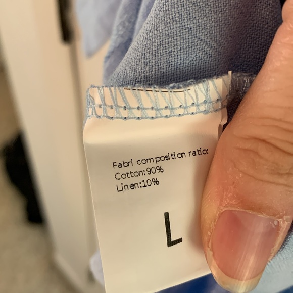 Powder blue cotton linen blend blouse with knot accent, 3:4 sleeves Size Large - Picture 7 of 8